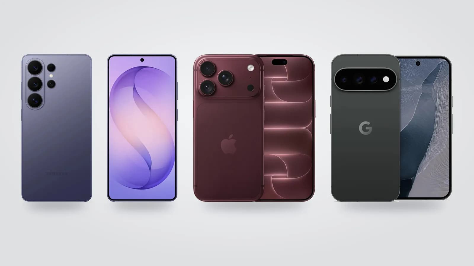 Novos telemóveis de 2027: os atuais Samsung Galaxy S26 Ultra, iPhone 18 Pro e Google Pixel 11 Pro, de frente e de costas