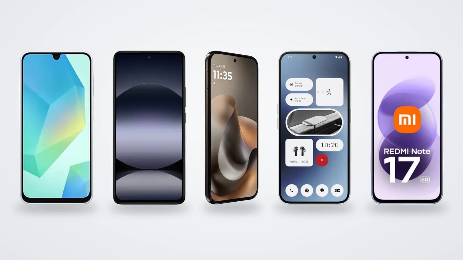 Samsung Galaxy A16, Redmi Note 14 4G, moto g77, Nothing Phone (2a) e Redmi Note 17 5G vistos de frente