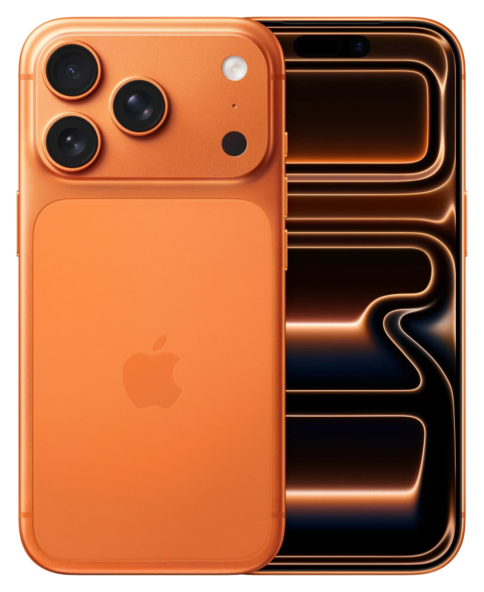 Apple iPhone 17 Pro em Laranja-cósmico – frente e traseira, imagem oficial Apple