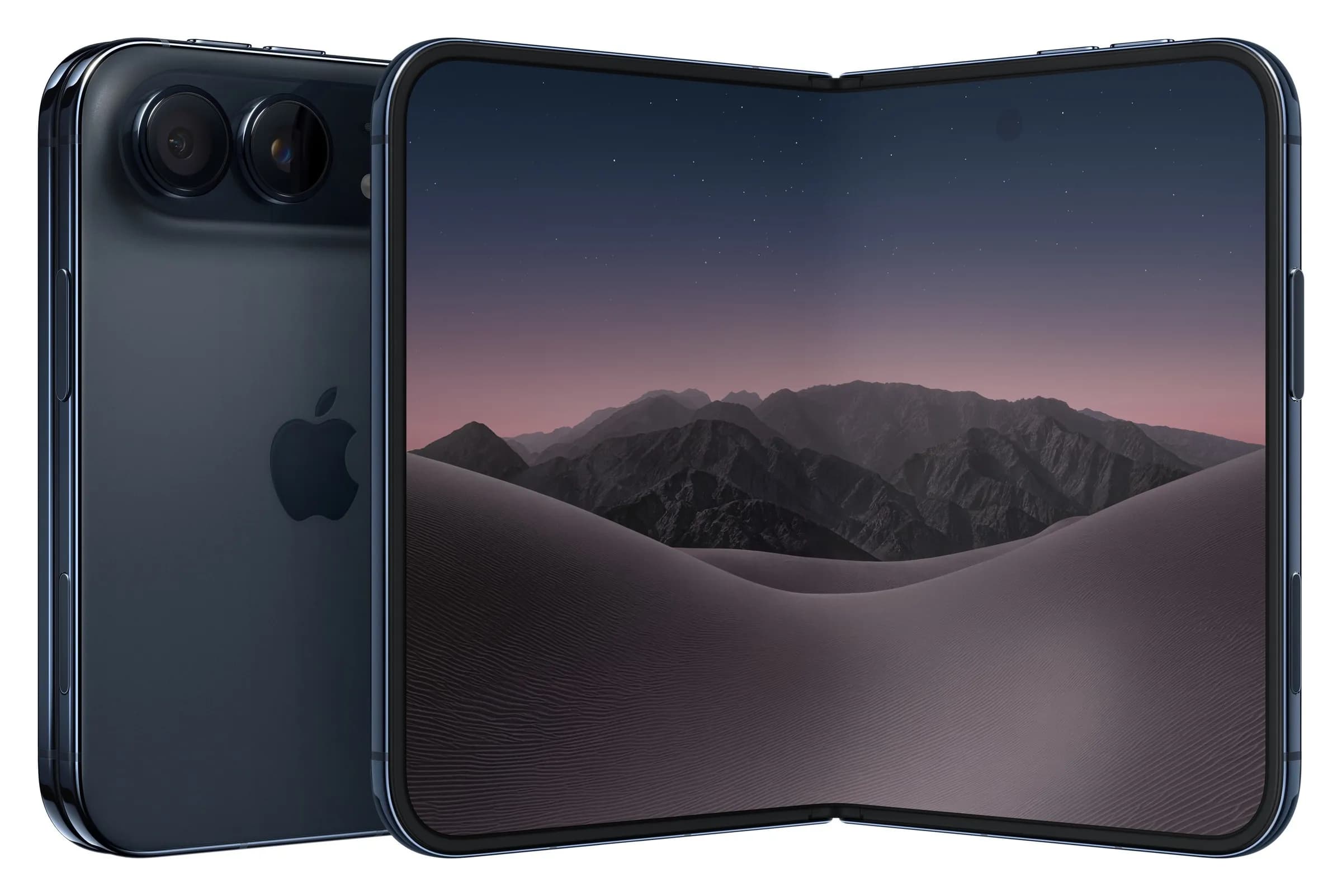 Apple iPhone Duo em Céu noturno – aberto, traseira e frente, imagem oficial Apple