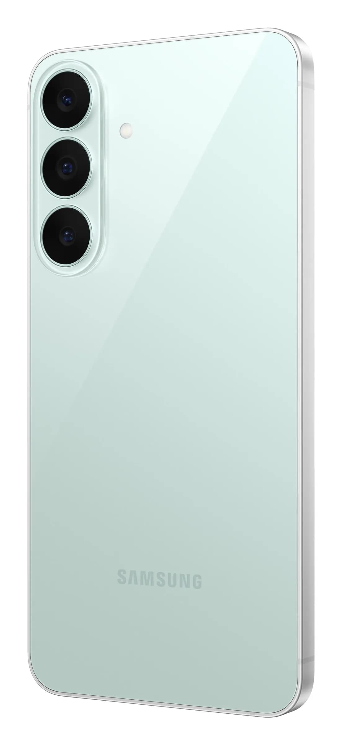 Samsung Galaxy S26 FE em Pistácio – traseira em ângulo de 30°, imagem oficial Samsung