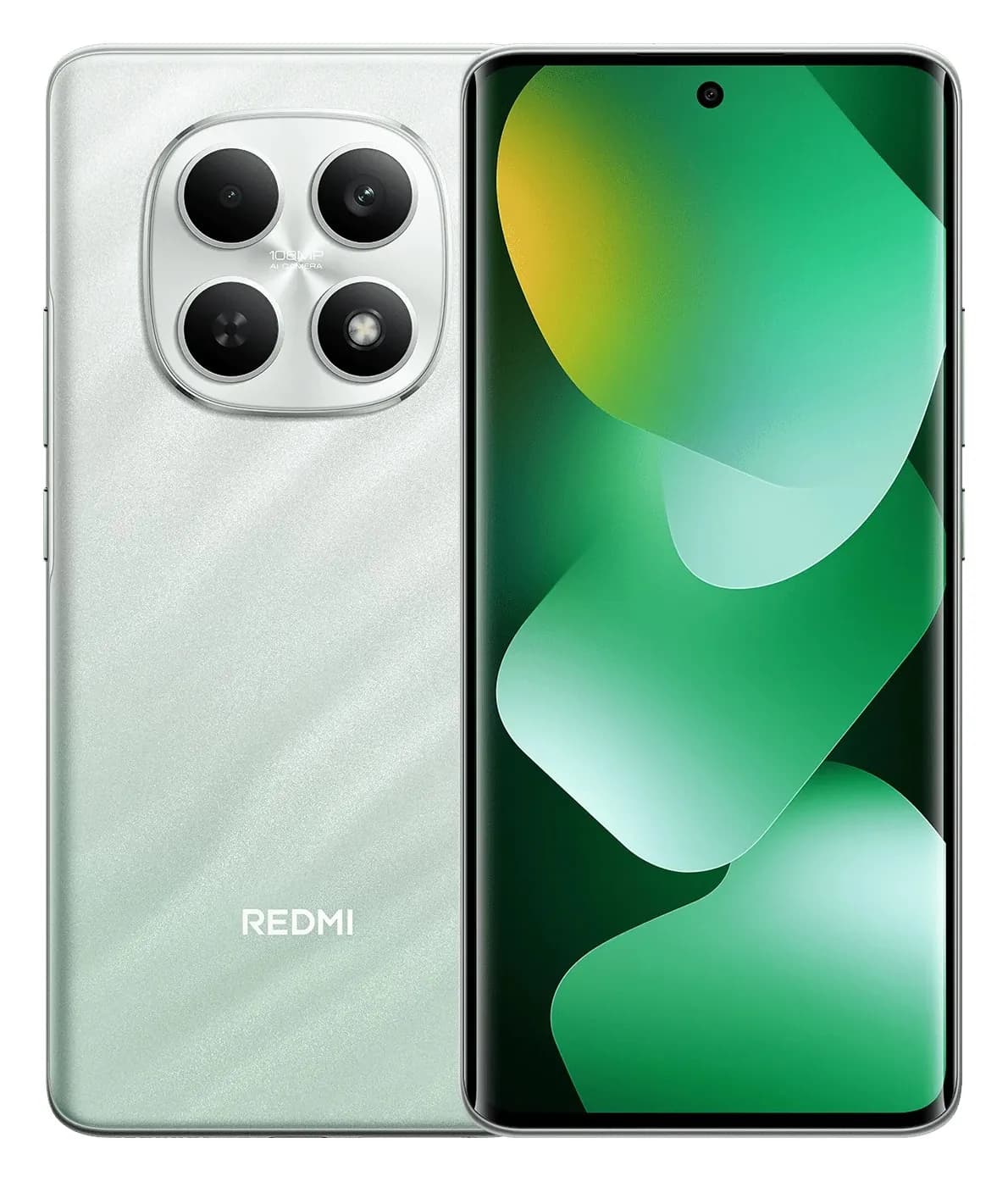 Telemóvel Redmi Note 15 4G em Verde, frente e traseira com câmara de 108 MP