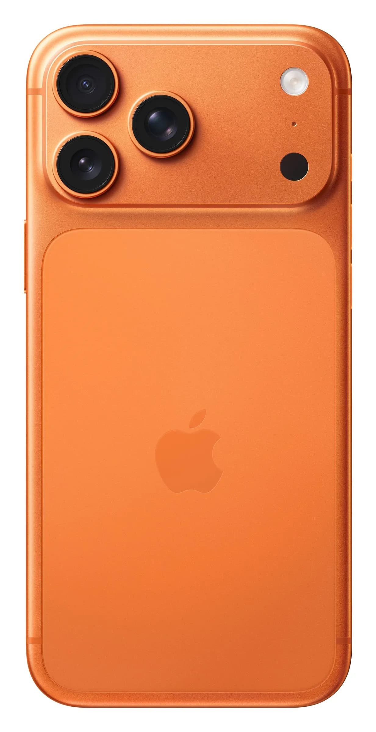 Apple iPhone 17 Pro Max em Laranja-cósmico – traseira com câmaras, imagem oficial Apple
