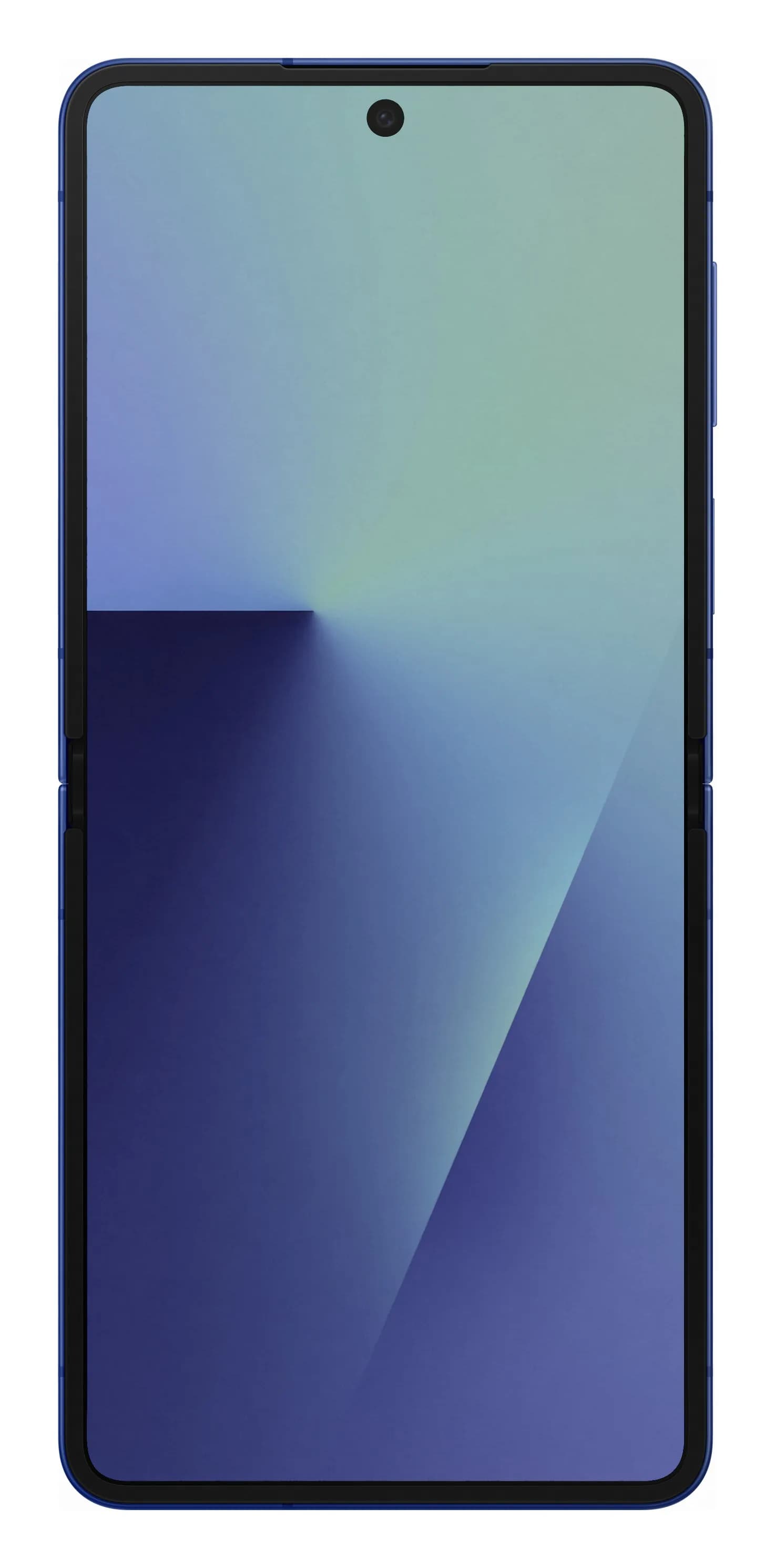 Samsung Galaxy Z Flip7 em Blue Shadow – aberto, vista frontal, imagem oficial Samsung