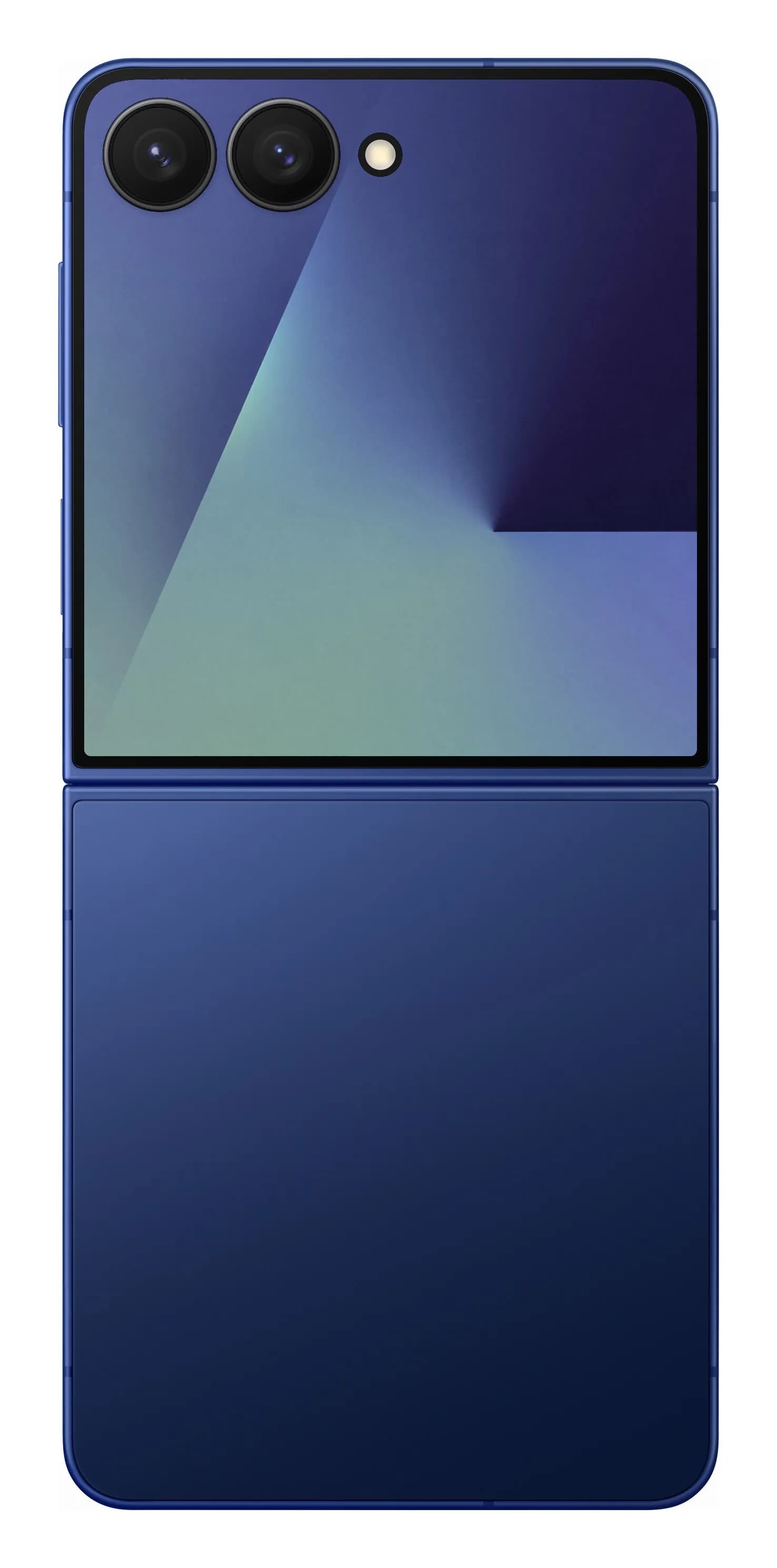 Samsung Galaxy Z Flip7 em Blue Shadow – aberto, traseira com FlexWindow e câmaras, imagem oficial Samsung
