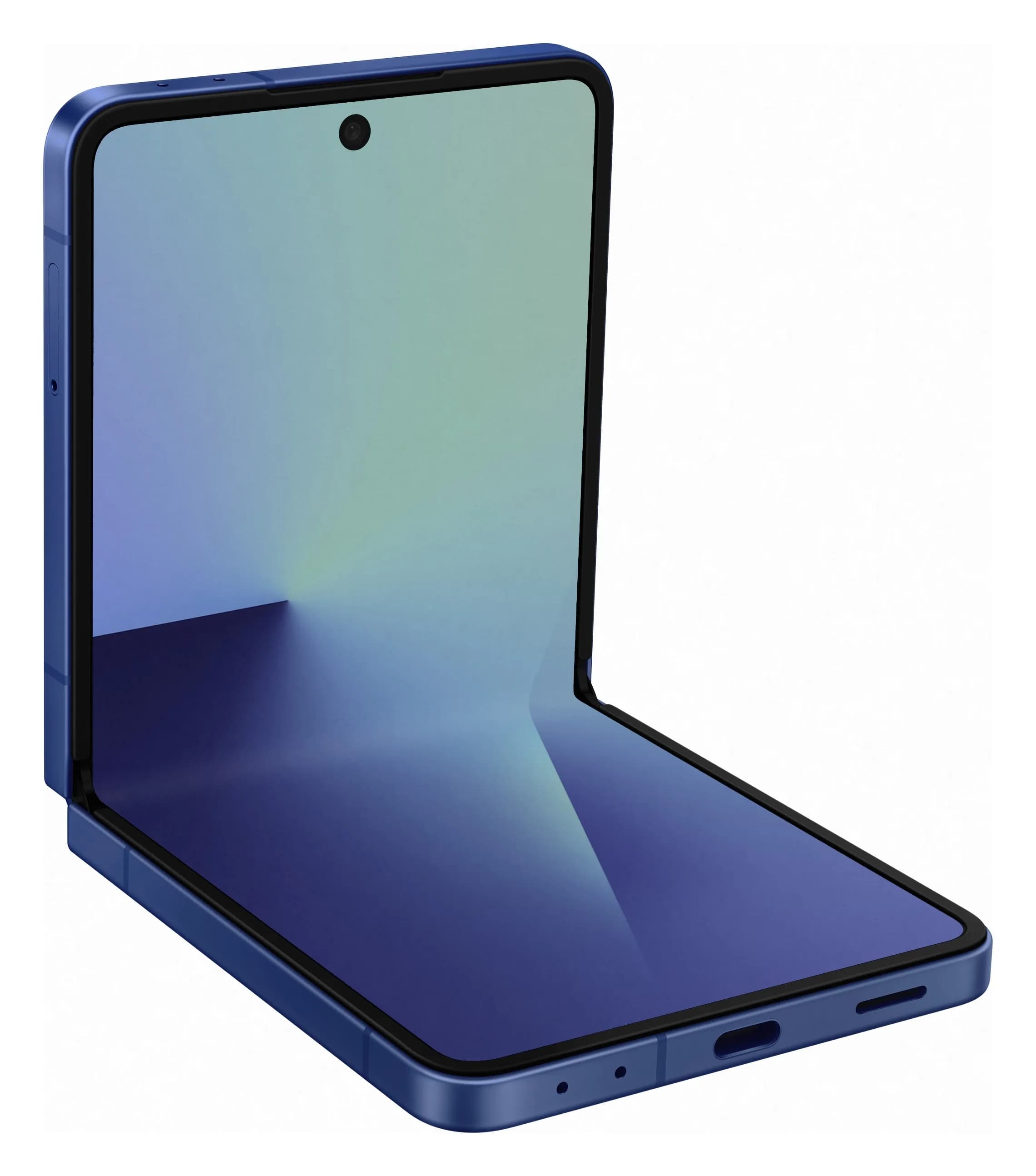 Samsung Galaxy Z Flip7 em Blue Shadow – meio dobrado em modo Flex, imagem oficial Samsung
